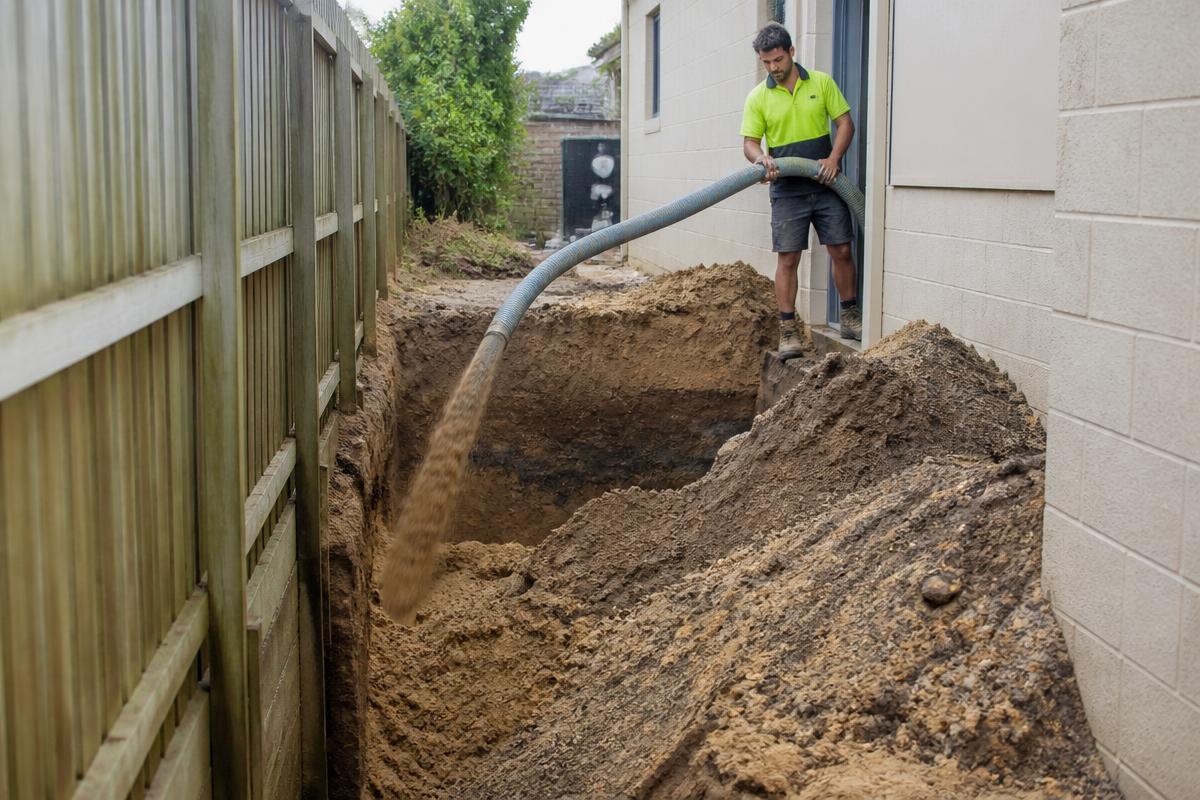 Sand discharged into a pool surround excavation down a narrow side access