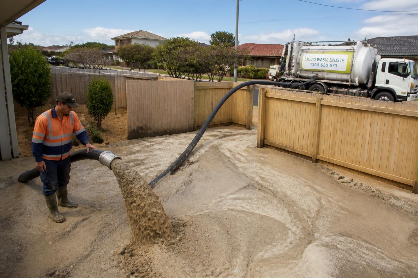 Sand pumped over a fence into a tight backyard from the street